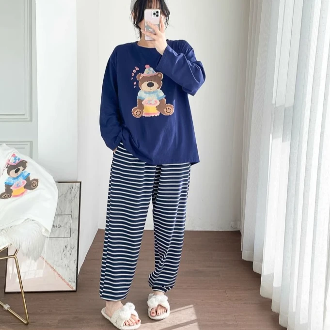 棉情侣睡衣春秋大码长袖条纹长裤两件套简约胖mm宽松家居服男女