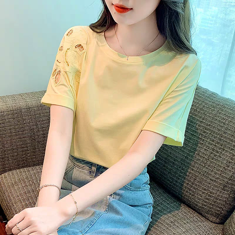 6042圆领正肩短袖t恤女夏季夏新款宽松刺绣小衫女士百搭上衣