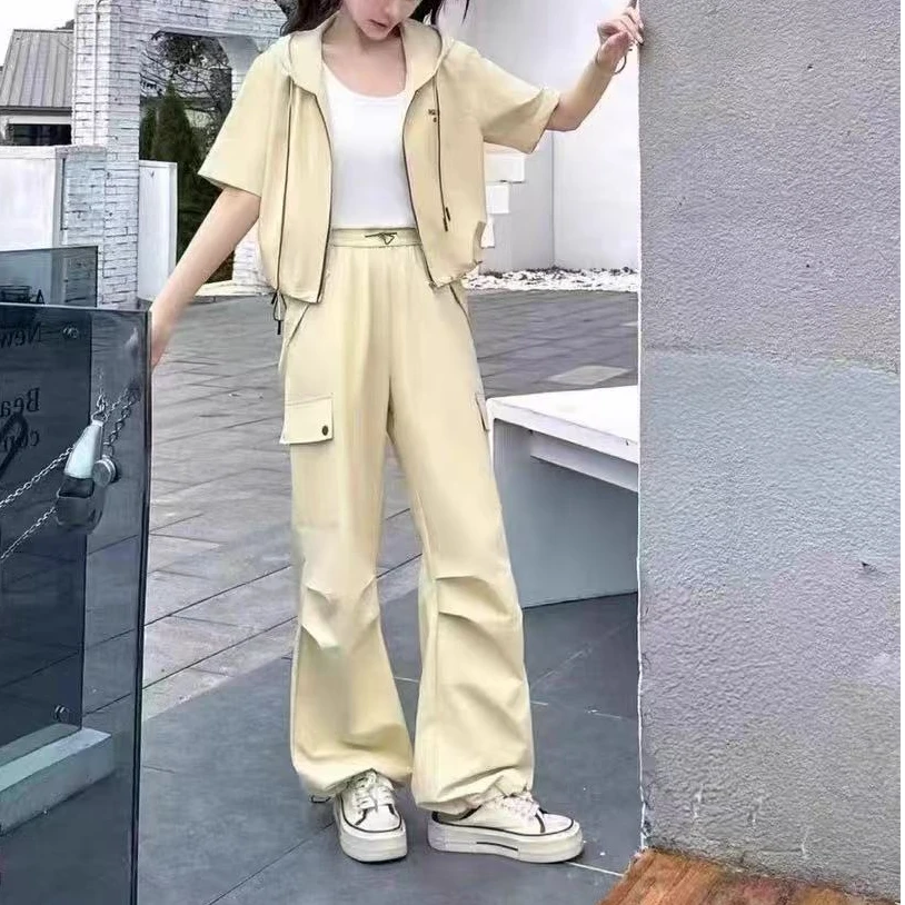 时尚套装女夏季新款洋气连帽短款外套+吊带+工装裤三件套#2262