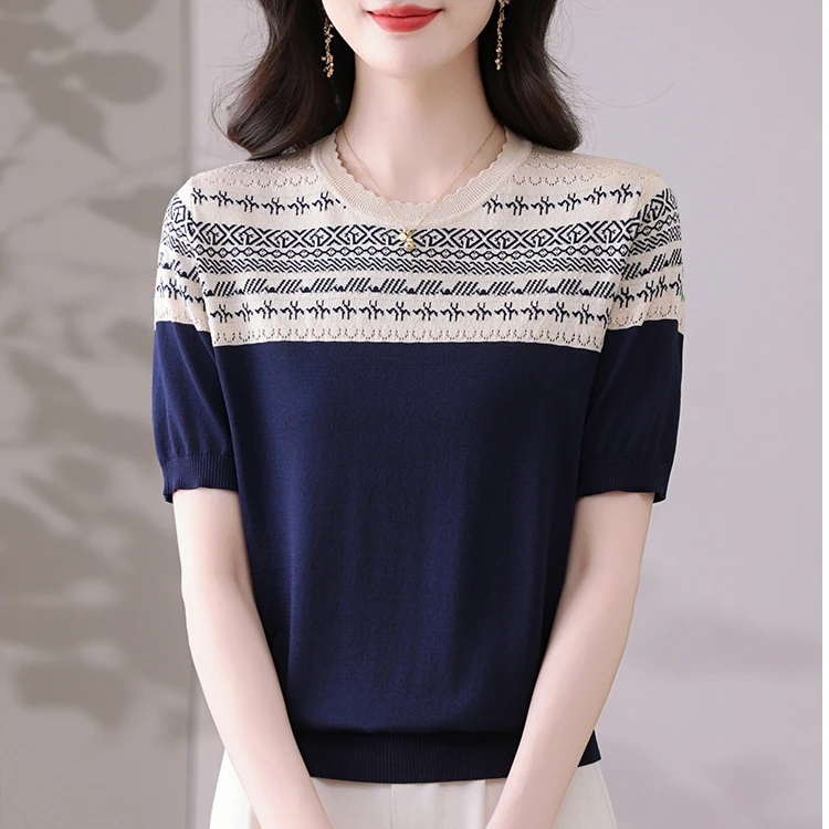 夏季新款天丝圆领提花拼色宽松显瘦时尚百搭减龄薄款短袖7970