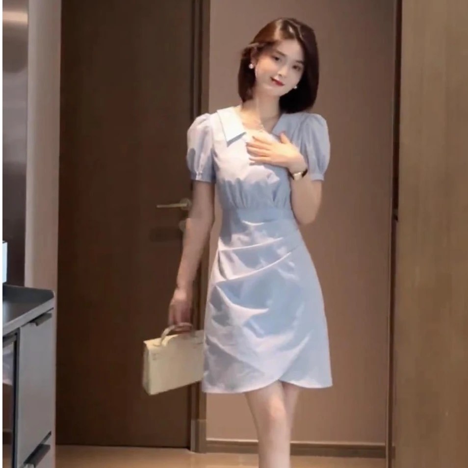 3665夏季设计感连衣裙女气质名媛风通勤新款小翻领赫本风法式蓝色