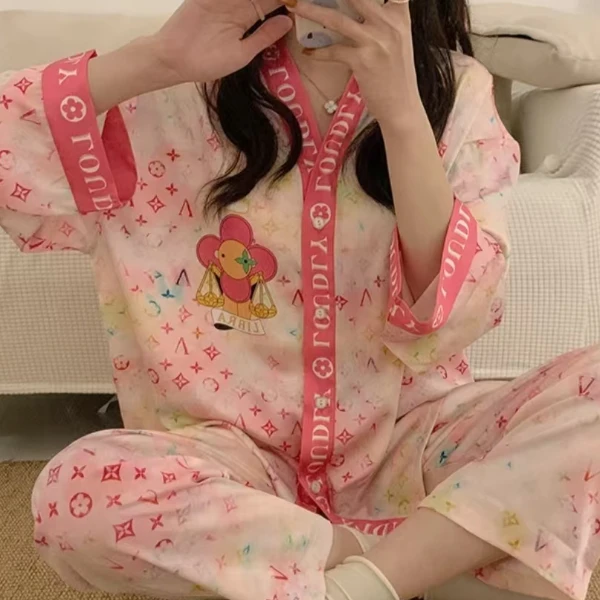 达芬奇密码2025新款V领太阳花长袖睡衣女套装大码宽松女士家居服
