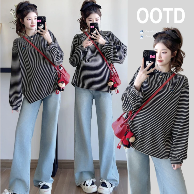 孕妇春季新款时尚圆领条纹T恤宽松大码长袖上衣外穿休闲百搭显瘦