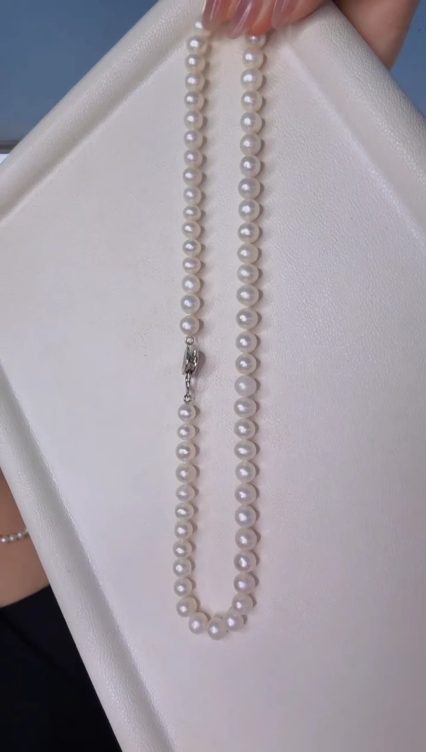 颈饰银S925镶嵌淡水珍珠7-8mm无核全珠链