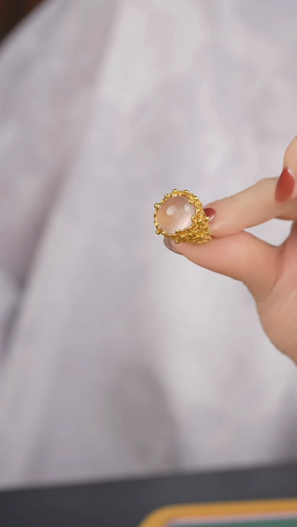 银S925镶嵌戒指水晶花丝马粉水晶戒指 国风珠宝