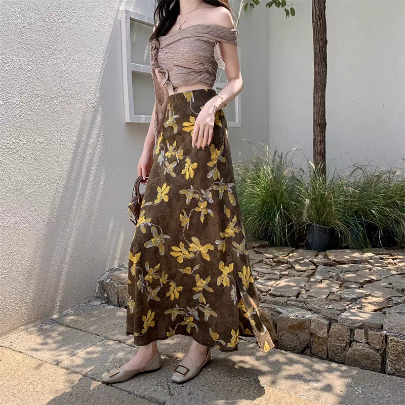 【全里布2个裙长】新款碎花高腰显瘦百搭侧开叉半身裙