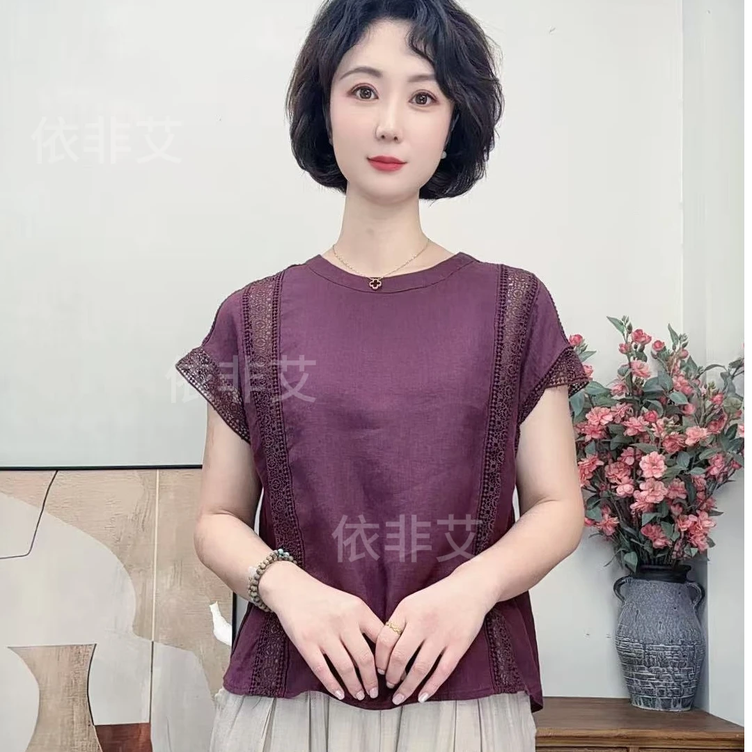 亚麻衬衫女夏季2025新款宽松显瘦遮肉设计感镂空蕾丝上衣