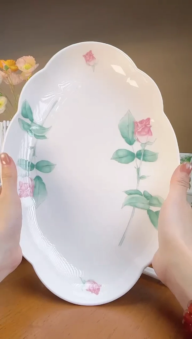 【闪购商品】玫瑰高骨瓷12.5寸鱼盘