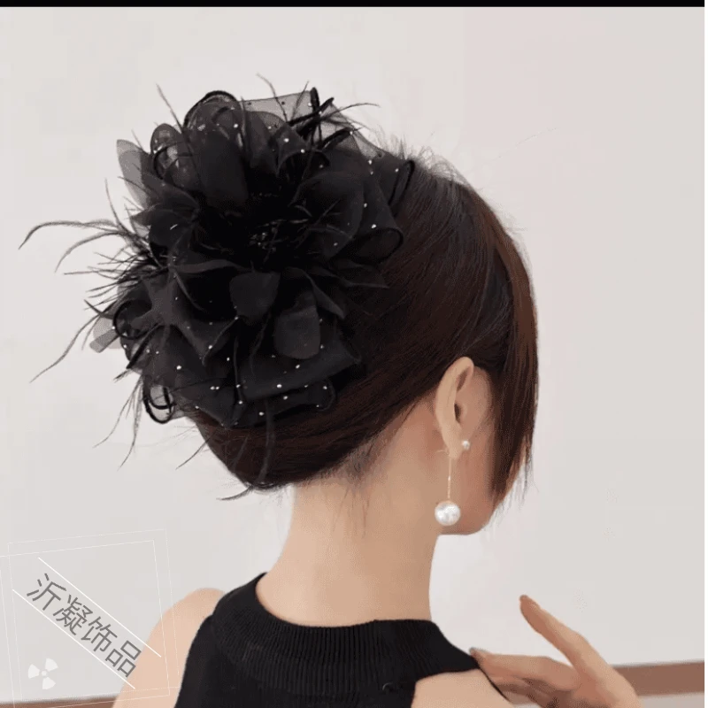 满天星花朵羽毛轻奢气质时尚毛绒抓夹头饰发卡黑色百搭发饰