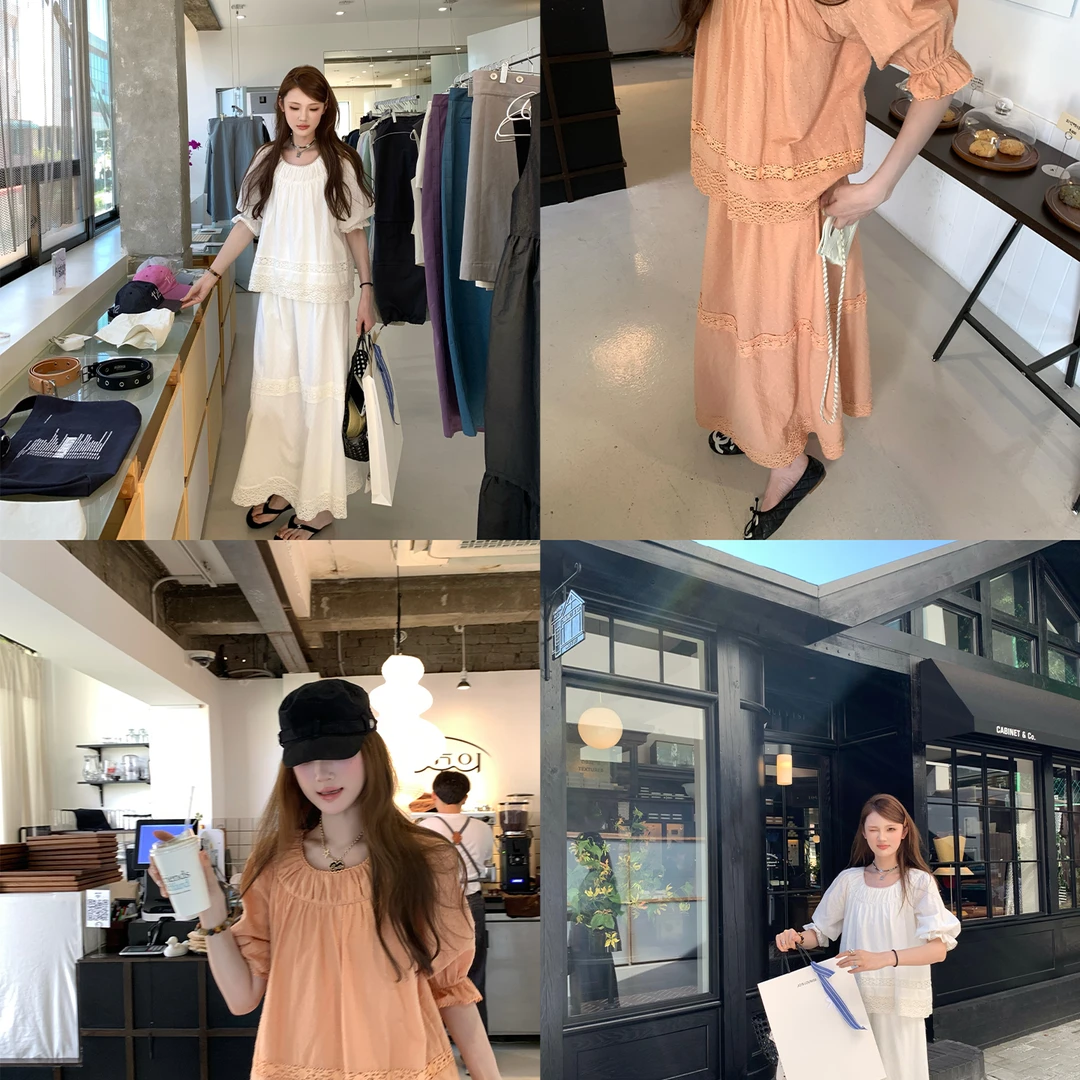 aaaaxbbb 橘色扉页 纯棉减龄套装三文鱼橘色松紧上衣白色半身裙女