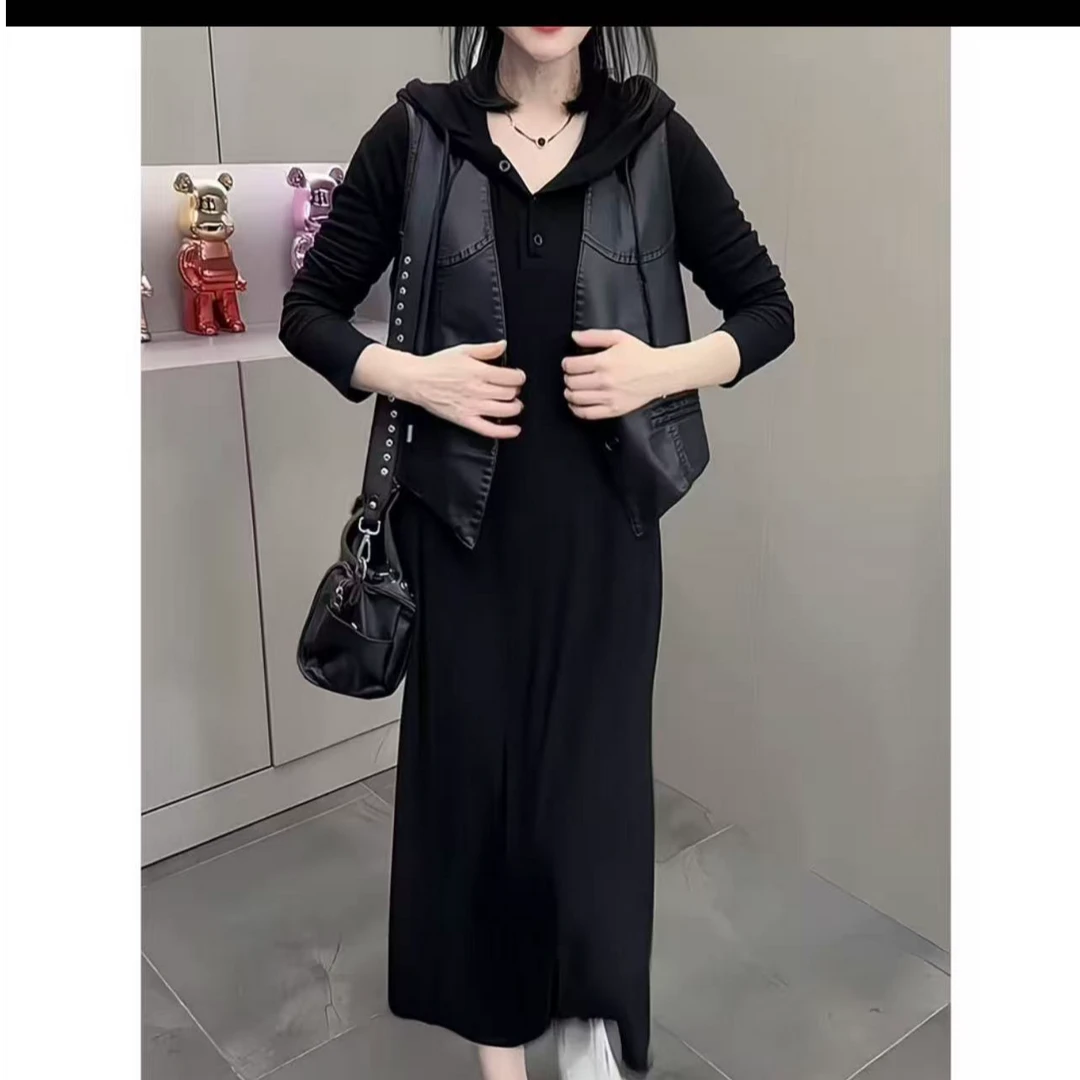 2303-两件套(马夹+帽衫裙)大码重工连衣裙