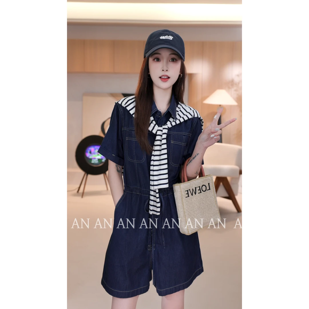 C04151港风高级感显瘦甜酷小个子短袖连衣裤收腰牛仔连体裤