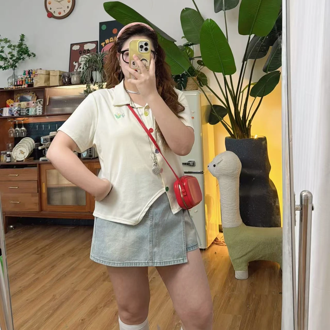 大码短袖夏季新款POLO衫T恤彩色纽扣针织不规则上衣修身女装6295