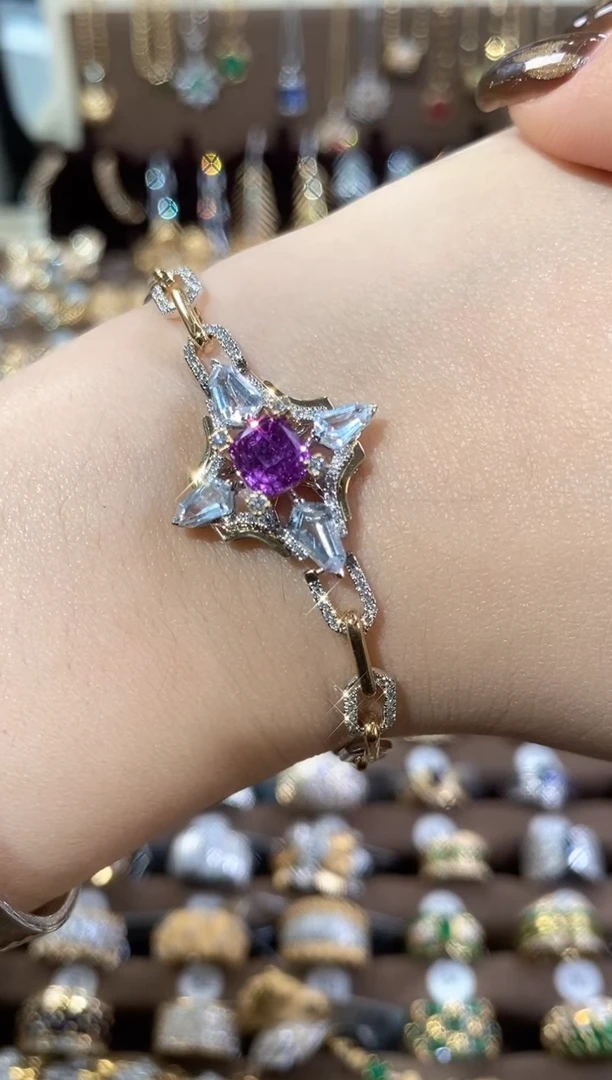 手链彩色蓝宝石18K金镶嵌18K黄白紫蓝宝白蓝宝钻石手链