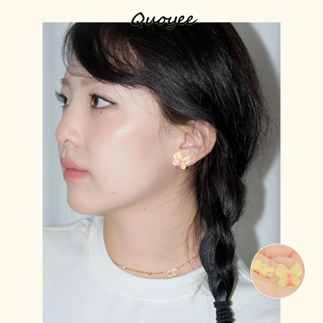 合金树脂耳饰 Quoyee 水晶蝴蝶耳钉 像果冻晶莹剔透韩系耳饰XM01