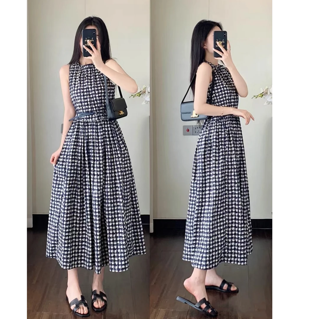 M家高级格子印花棉质无袖连衣裙高腰复古黑色连衣裙高级感显瘦