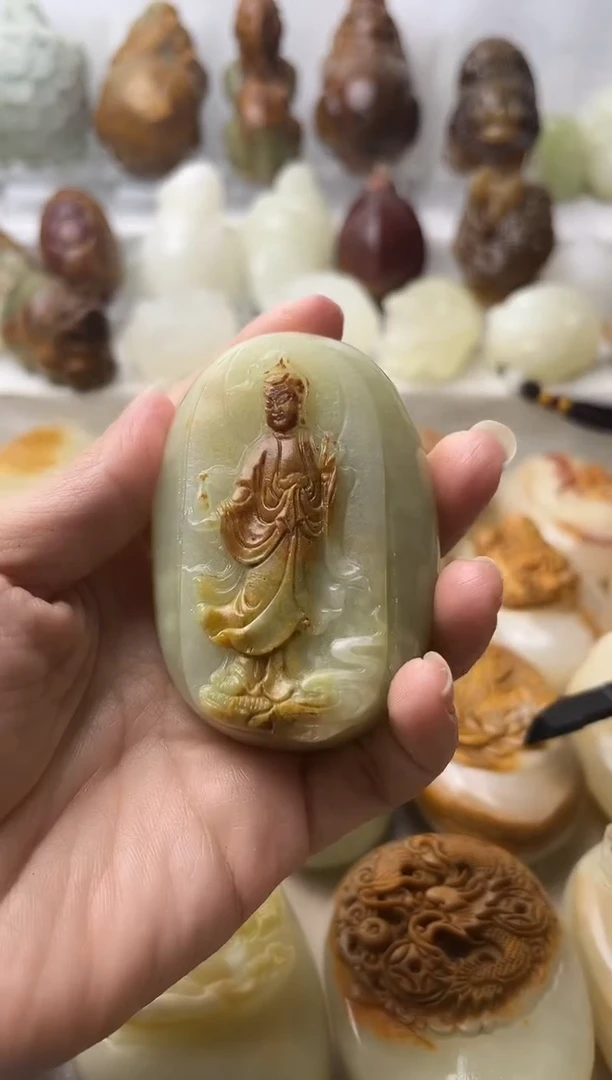 石材方解石棉纹正常不退换站观音微瑕