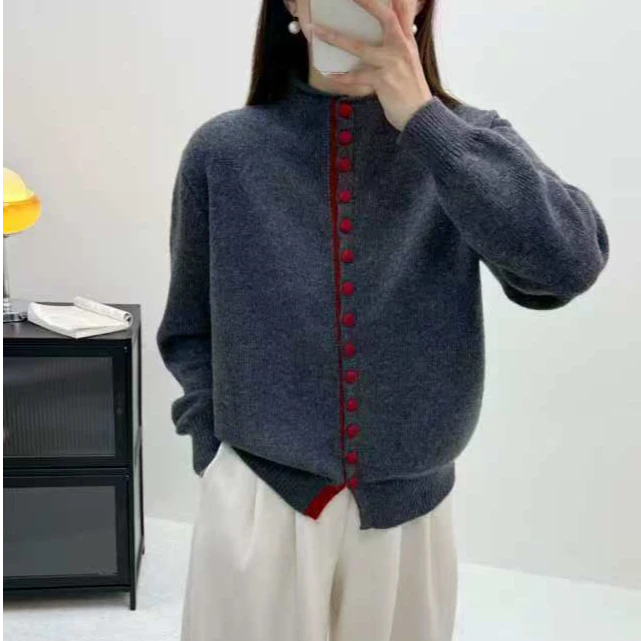 （超凡）玉姐家加厚保暖蜜熊撞色立领单排扣开衫新选f782 J022581