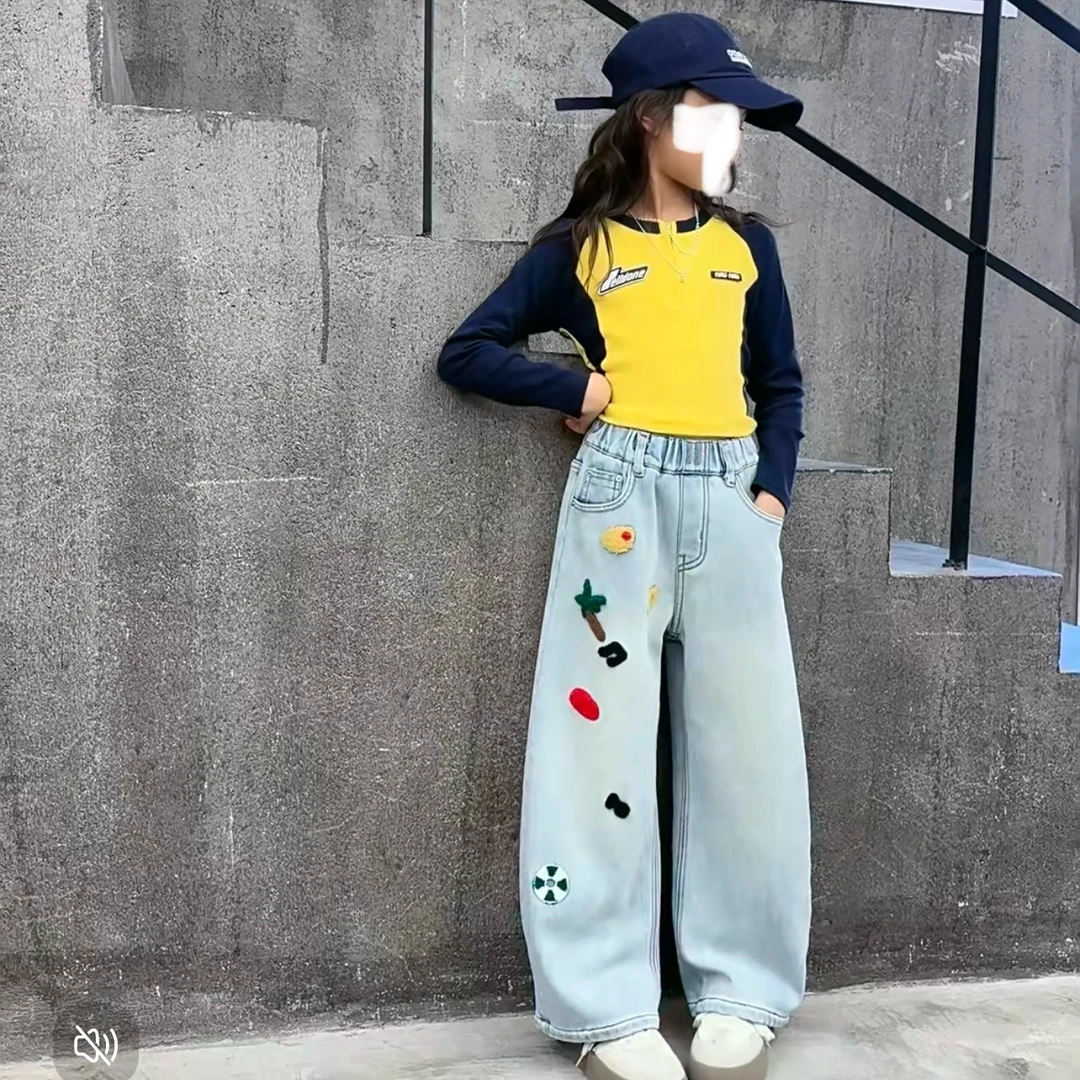 【加绒】冬季长裤女童宽松毛巾刺绣直筒阔腿牛仔裤DK1227