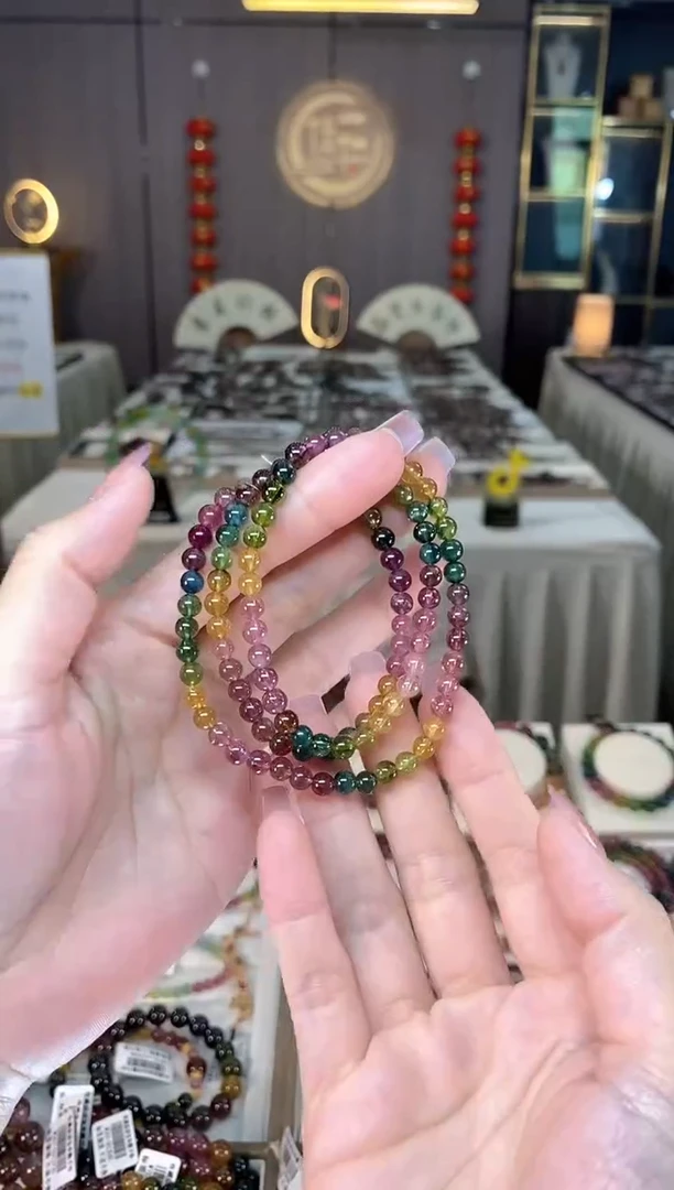 未镶嵌冰透体老矿碧玺彩虹三圈手串5mm+碧玺hon多样性发一条