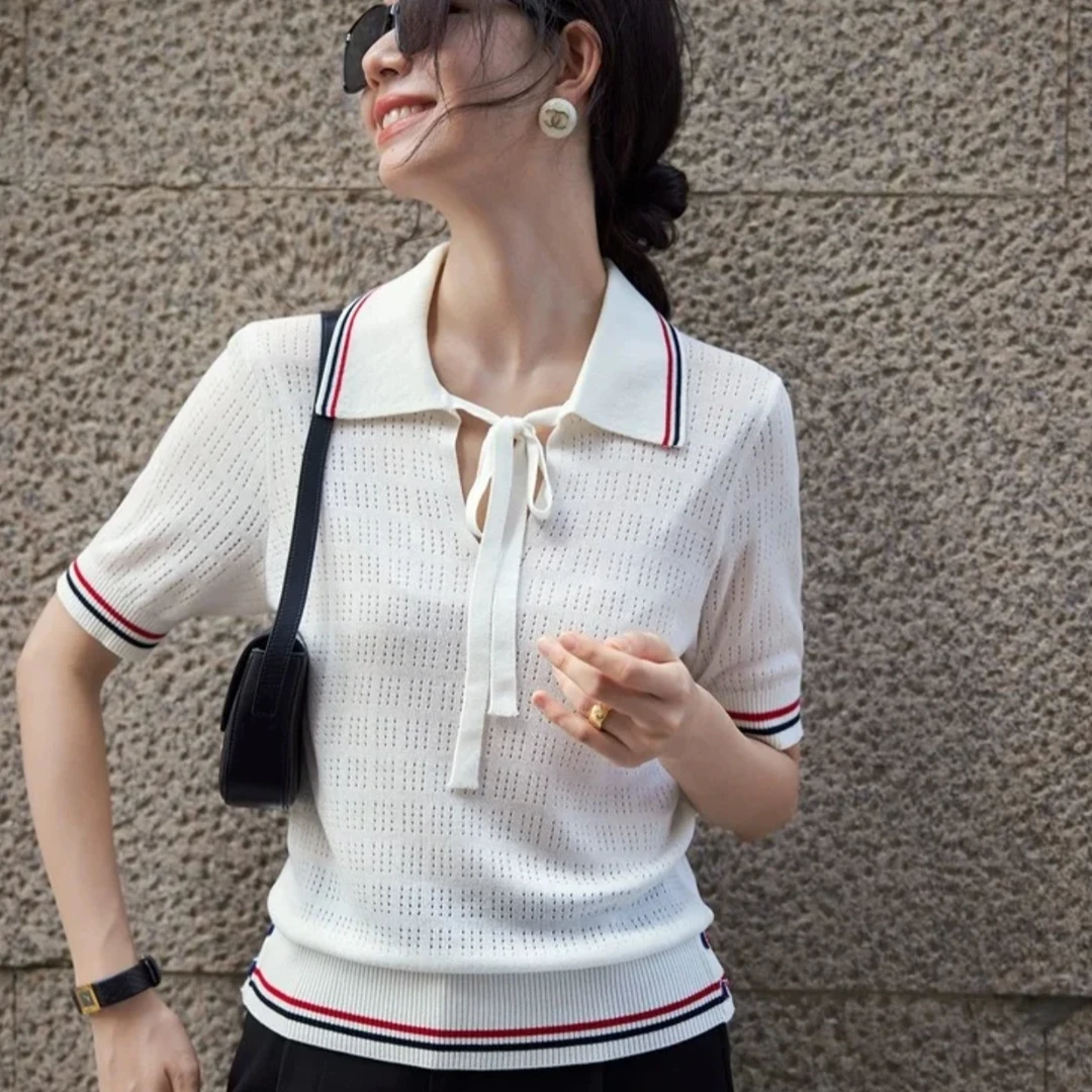 【小鱼】女款-蝴蝶结镂空领带翻领polo衫-经典简约时尚百搭气质