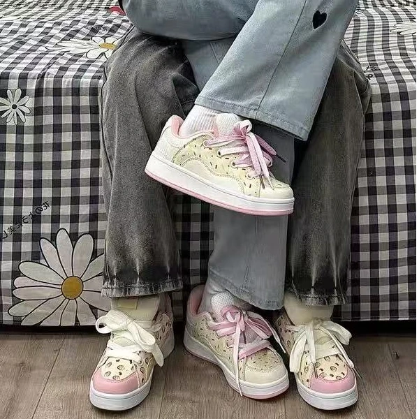 甜心粉拼色小众面包鞋女2025夏季新款百搭休闲运动板鞋潮 89-9