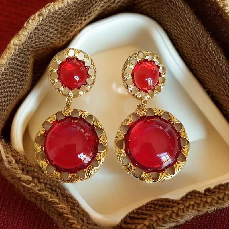 合金亚克力耳饰 2268 气质时尚百搭简约长款轻奢复古红耳饰