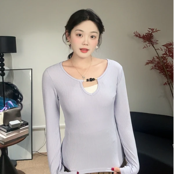 橙子~百搭时尚镂空串珠针织衫长袖T恤辣妹纯欲显瘦打底上衣