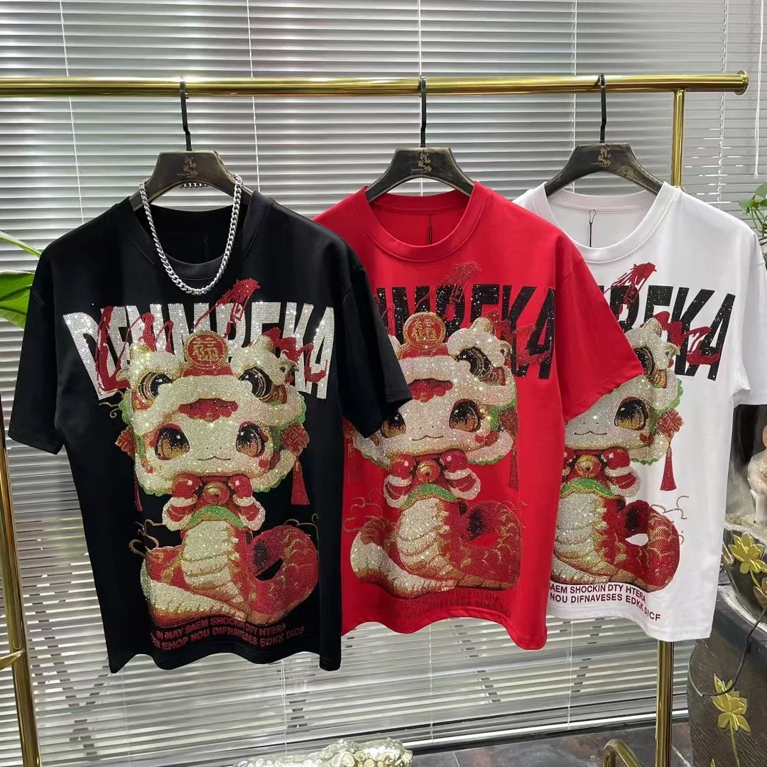 蛇年本命年重工艺烫钻短袖男士轻奢痞帅时尚百搭半袖T恤潮男