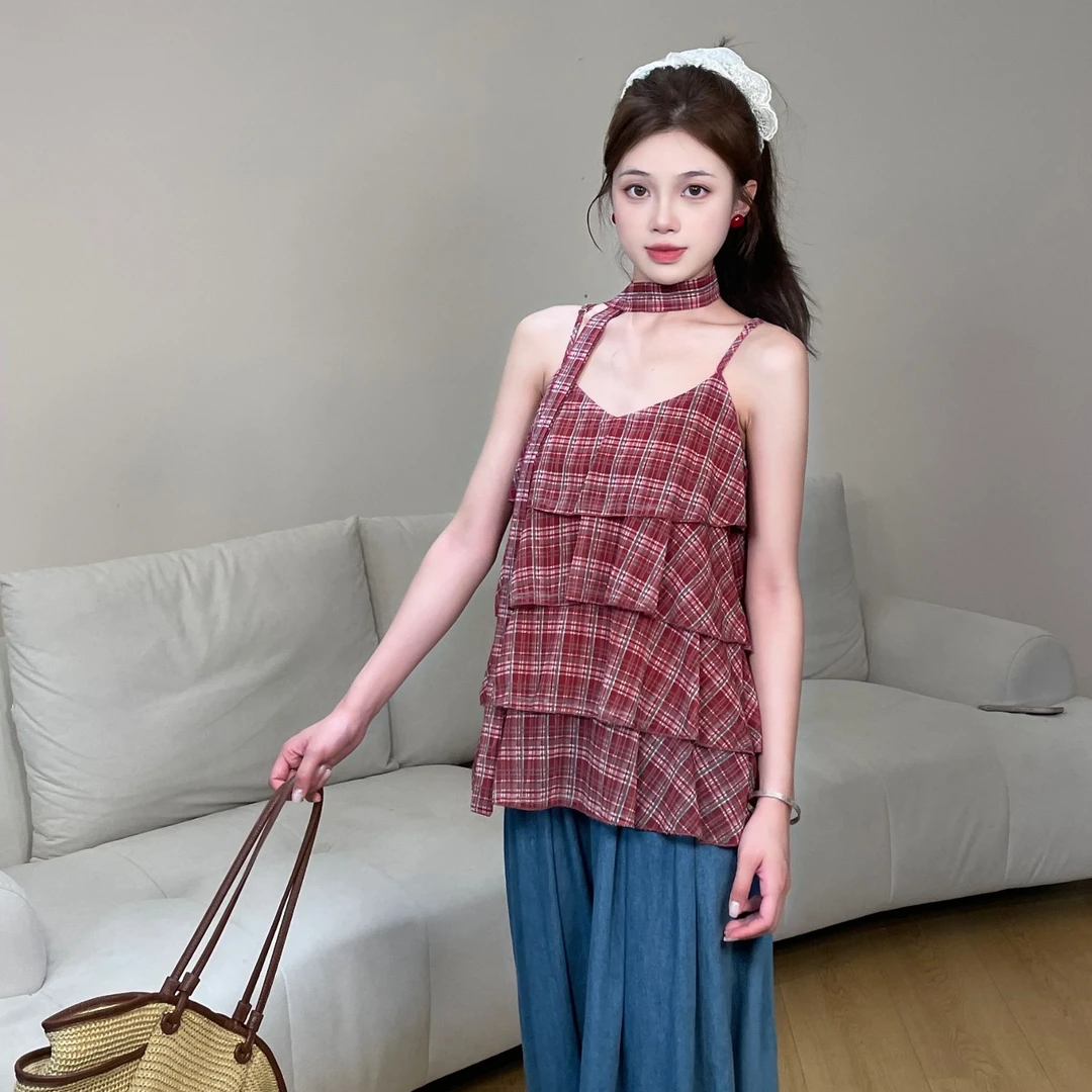 YUNING【南法时光】夏季复古撞色格子背心蛋糕荷叶边设计感上衣