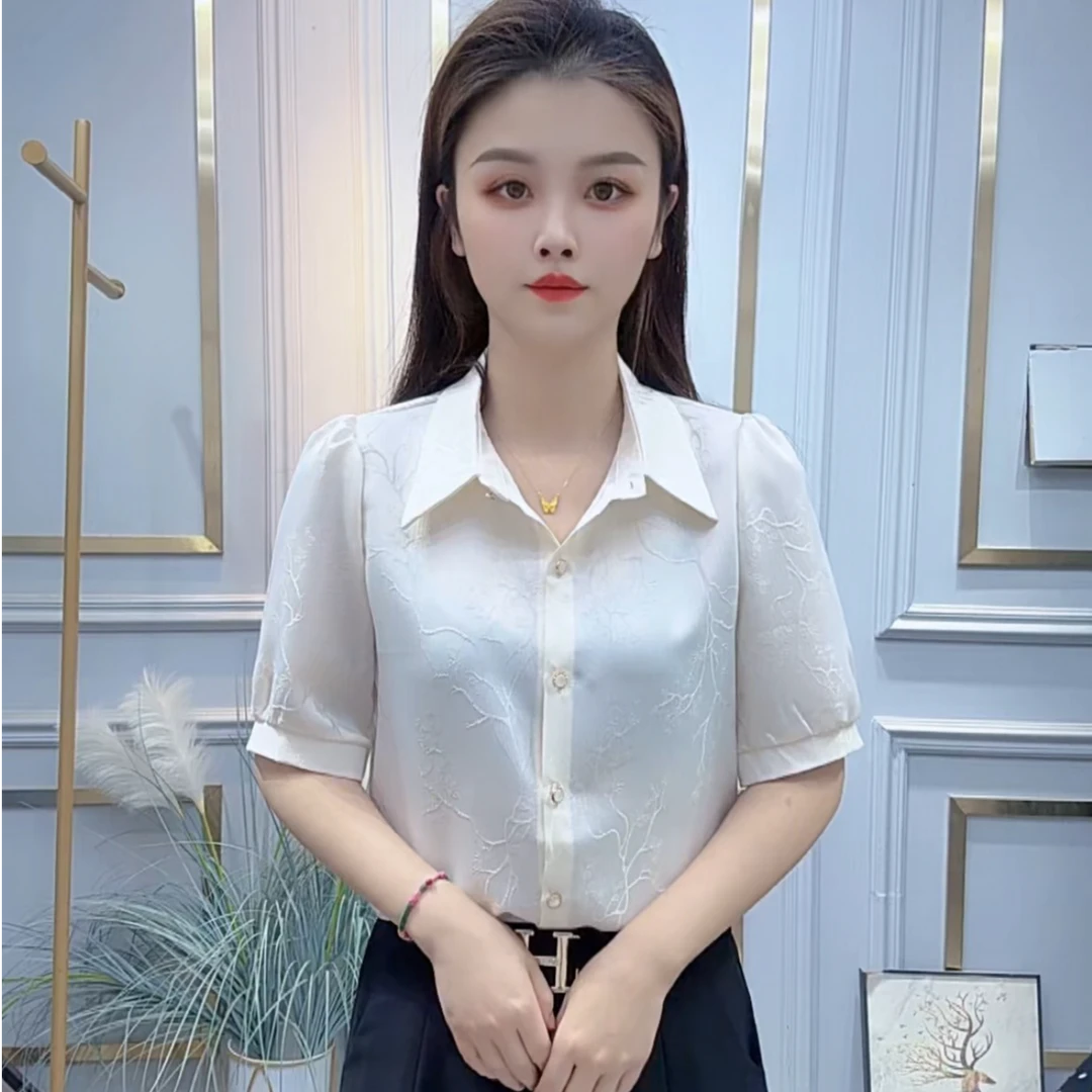 法式polo领中袖衬衫女2025夏季新款时尚百搭气质显瘦洋气简约衬衣