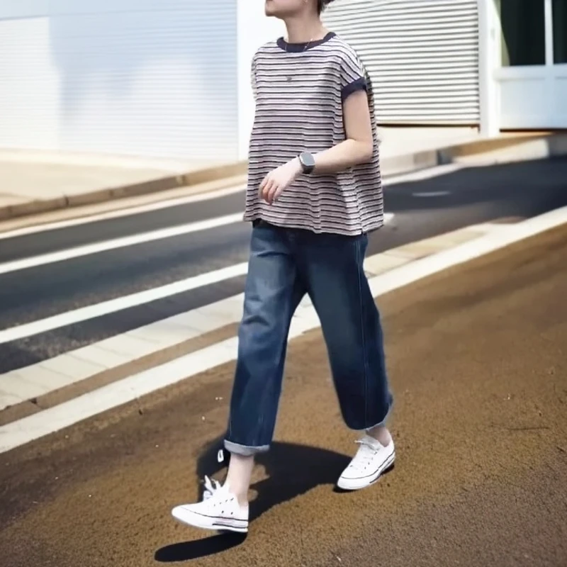 2025夏季新款套头简约条纹短袖宽松T恤休闲牛仔直筒裤时尚百搭女