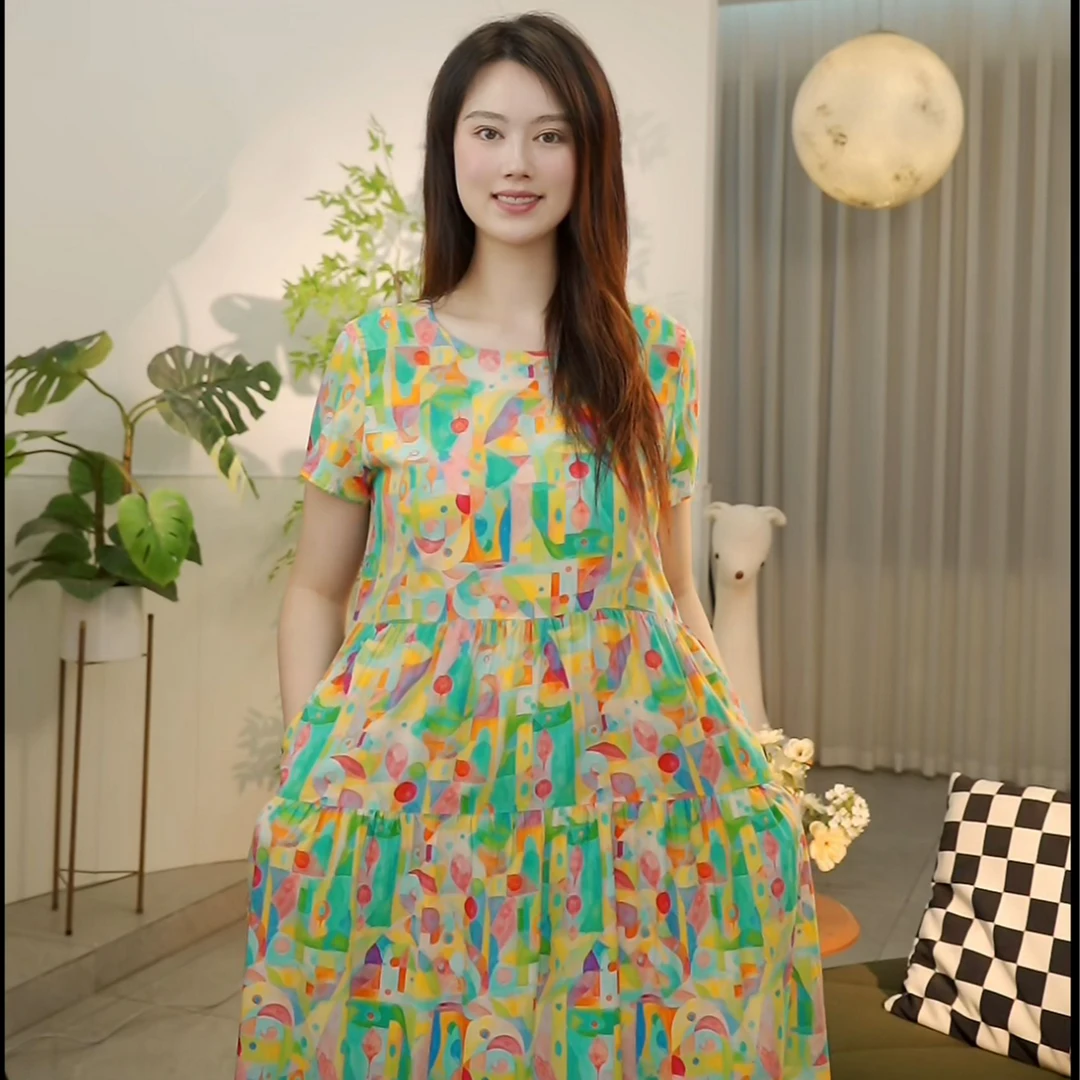 2025新款外出棉绸裙印花宽松休闲亮色大码女装显瘦透气高档棉绸裙