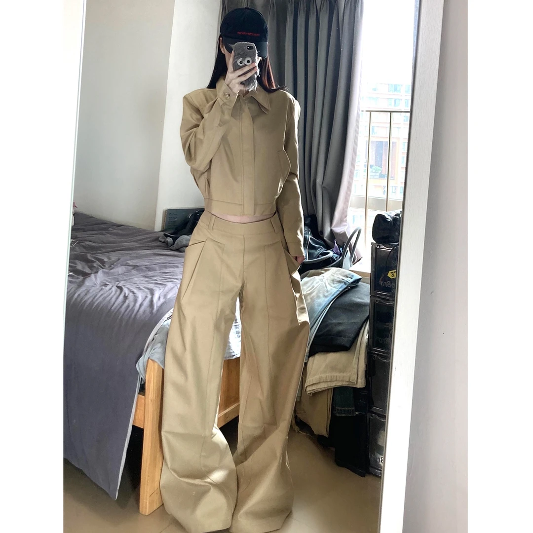 韩系复古休闲小众套装女2025年秋季新款时尚立领夹克阔腿裤两件套