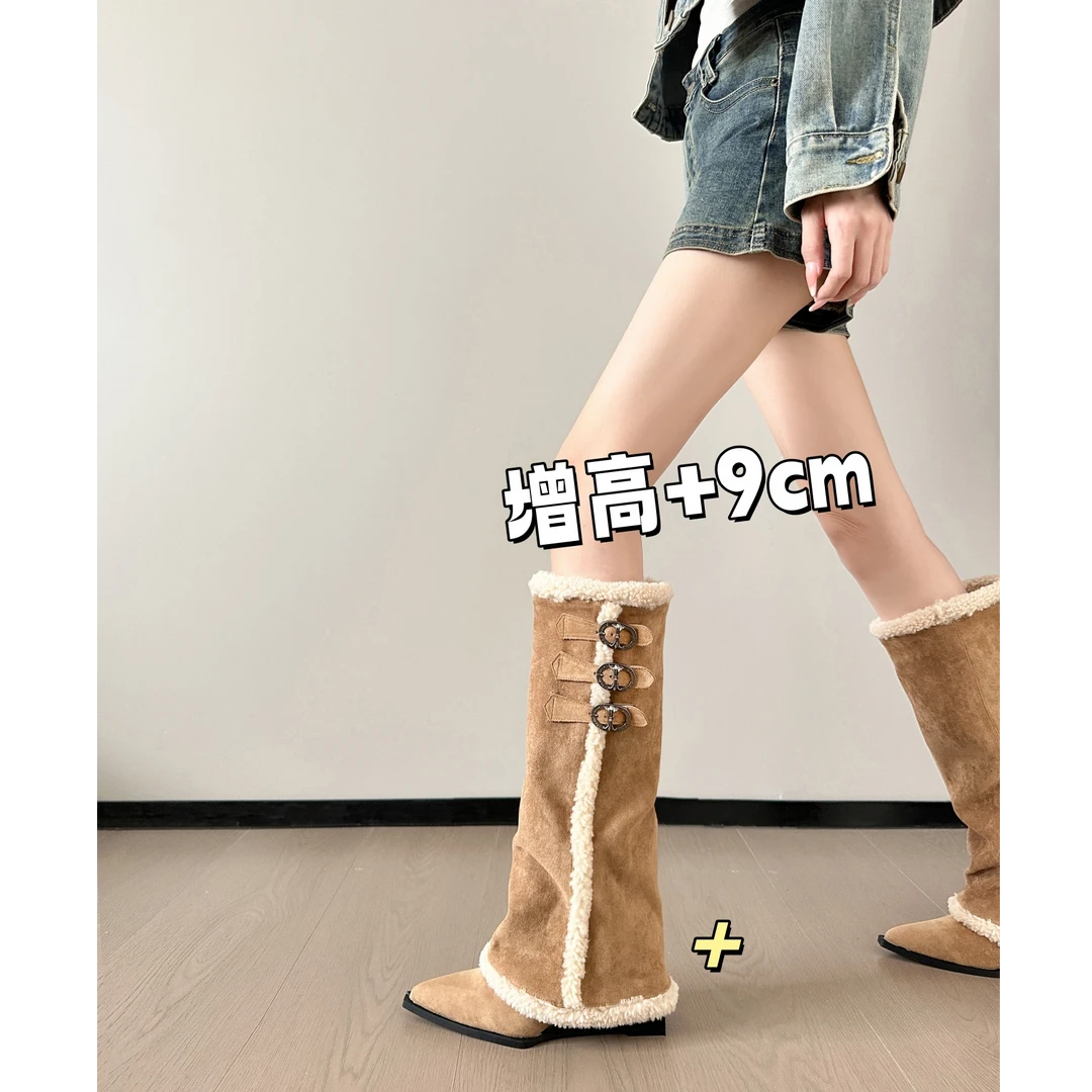 【增高7cm】 厚底保暖靴子女2025年冬新款高筒雪地靴尖头辣妹棉靴