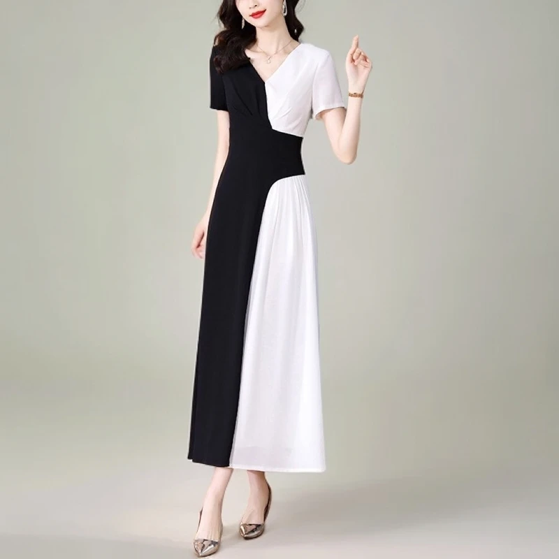 时尚榆梦夏装轻奢名媛设计感气质黑白撞色拼接女神范新款连衣裙