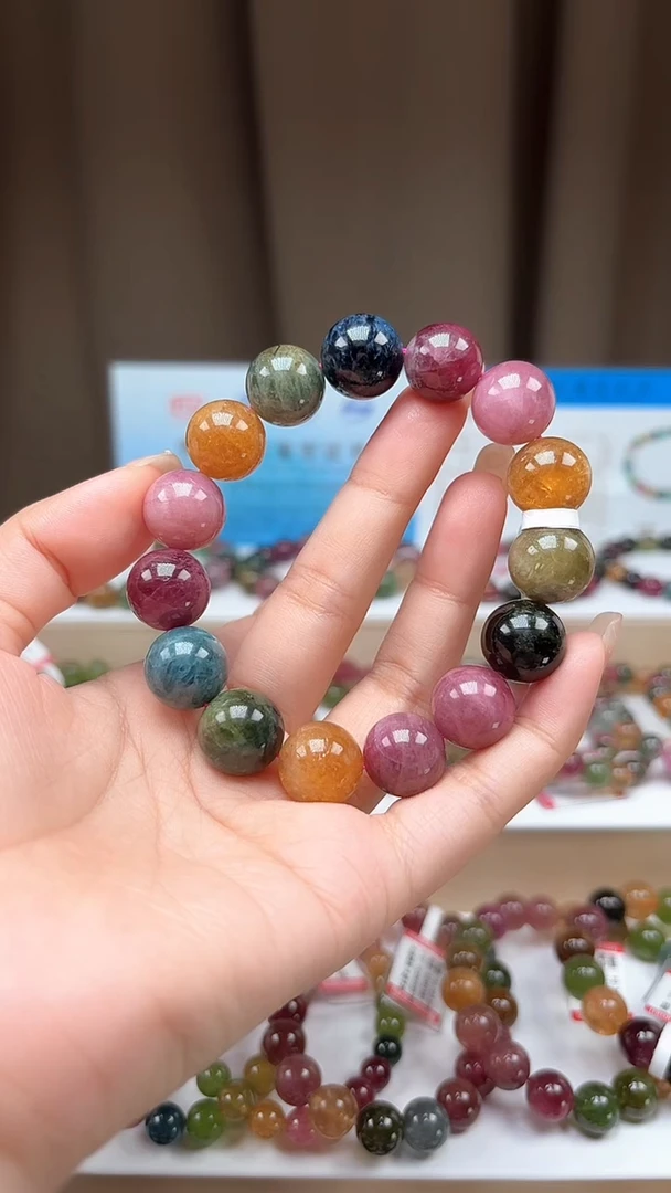 手串未镶嵌碧玺13.9mm艳丽彩虹色高阶油画体碧玺单圈手串