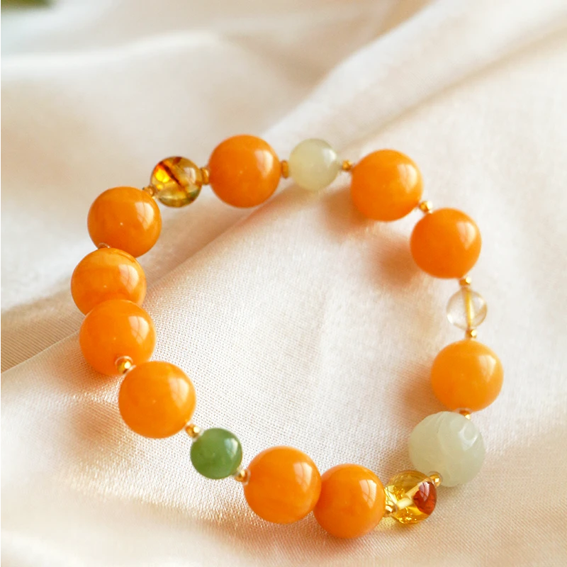 【流云秘境】回流鸡油黄蜜蜡配和田玉单圈手串11mm