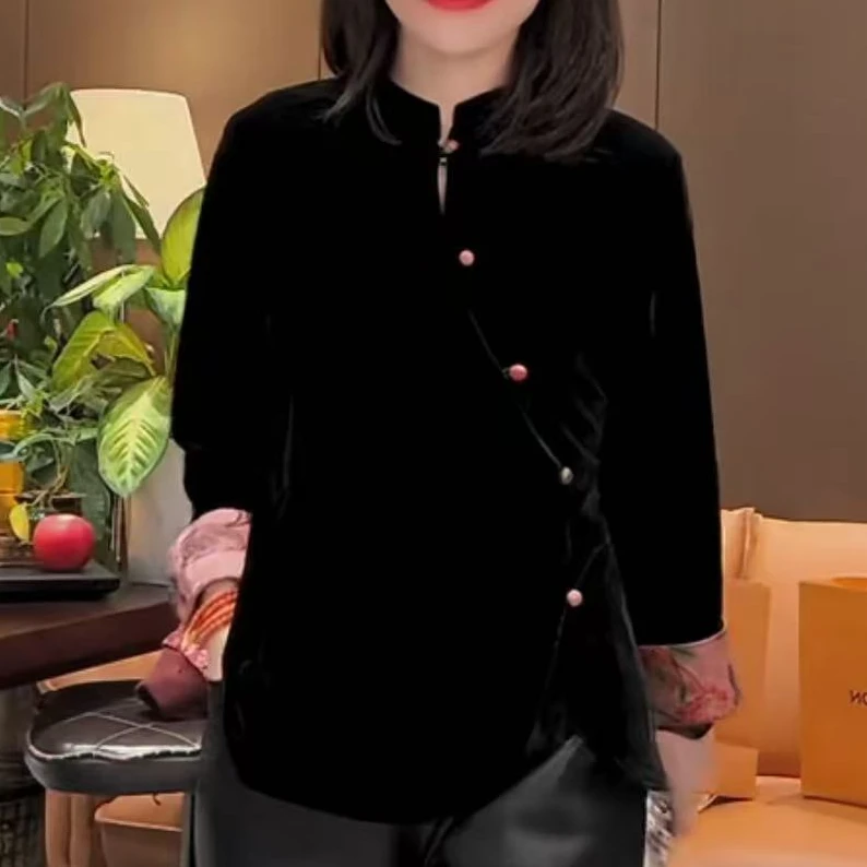 早春新款丝绒套装新中式上衣女丝绒直筒裤网红时尚黑色复古中国风