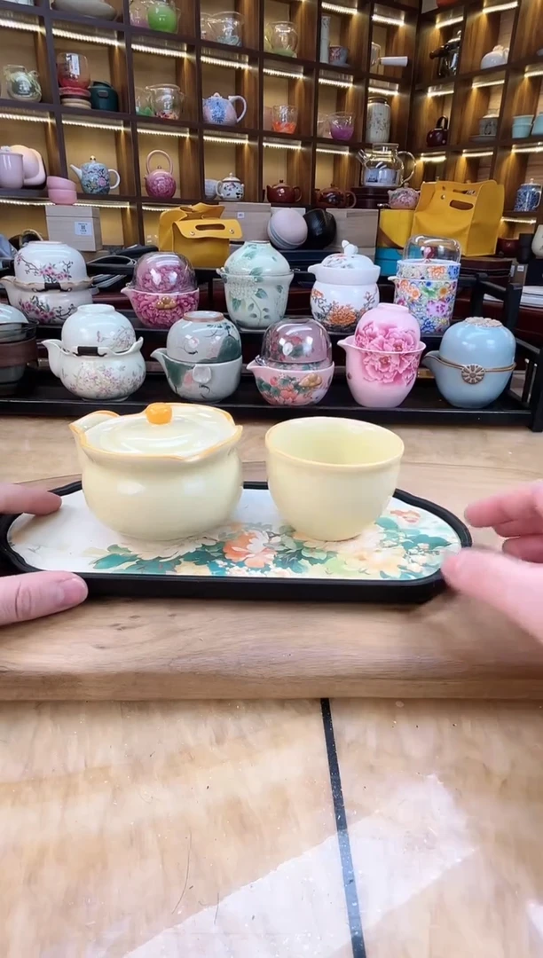 【闪购商品】哥窑黄色宝瓶一壶一杯+绿牡丹盘