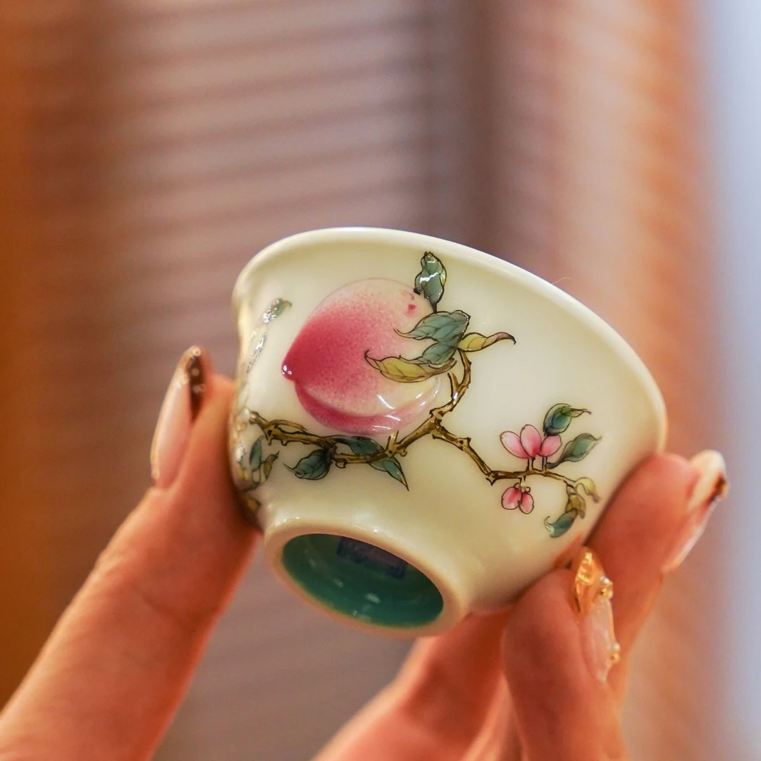 溢珍堂内吹绿单桃小压手杯茶具茶道家用纯手工喝茶茶器中式宫廷风