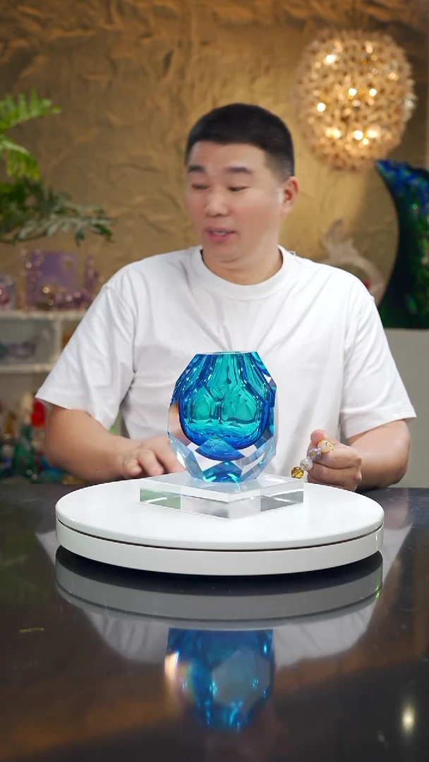 手工艺品琉璃宝石蓝切面花器大号