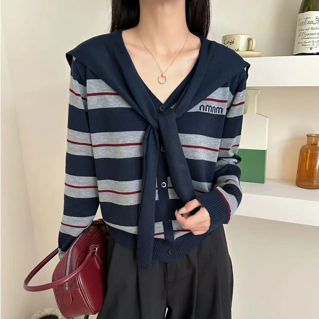 731#小香风长条纹袖针织衫显瘦百搭v领开衫