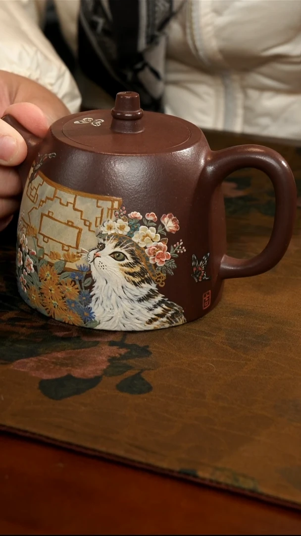 茶壶紫砂紫泥簪花猫汉铎壶