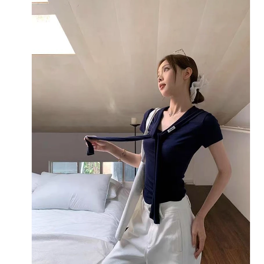 歌幂藏蓝色正肩V领短袖t恤夏日显瘦海军领设计ST1157辣妹ST1157-1