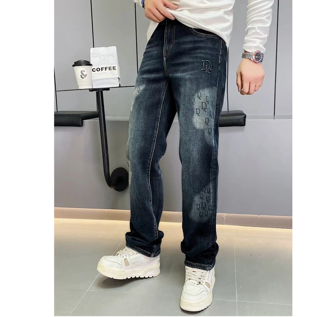 奇珀菲仑秋季男士高端水洗牛仔裤轻奢潮牌青年提花宽松直筒长裤子