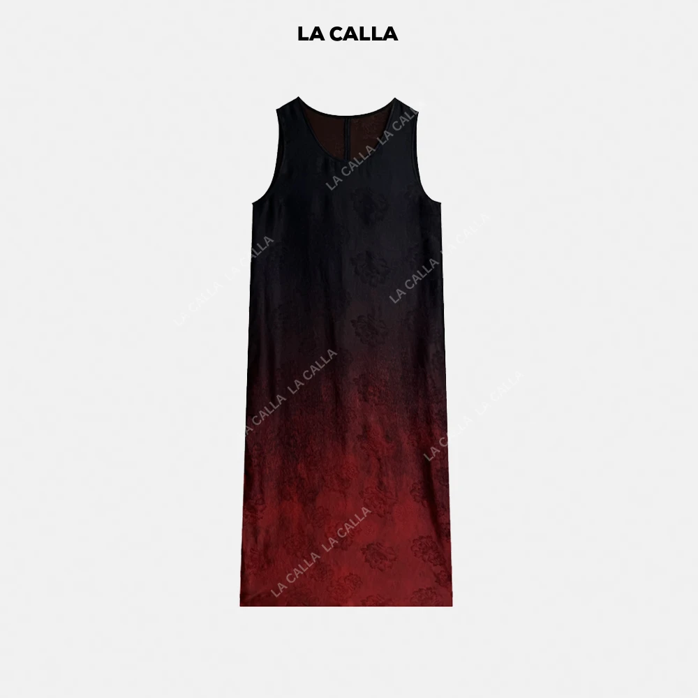 LA CALLA渐变红裙新中式渐变色复古中长款时尚连衣裙OY817