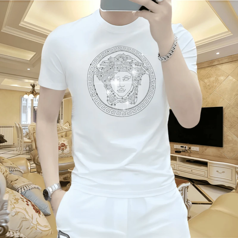 夏季新款烫钻修身圆领男士白色轻奢时尚休闲百搭潮流帅气短袖T恤