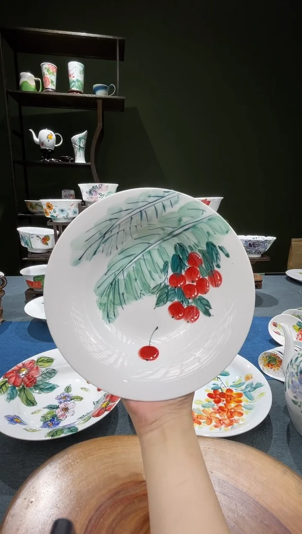 盘景德镇高温釉下彩7.5英寸草帽盘芭蕉樱桃