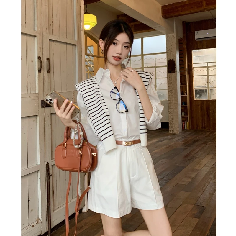 老钱风秋季新款三件套装麻料衬衫条纹披肩高腰百搭白色休闲短裤女